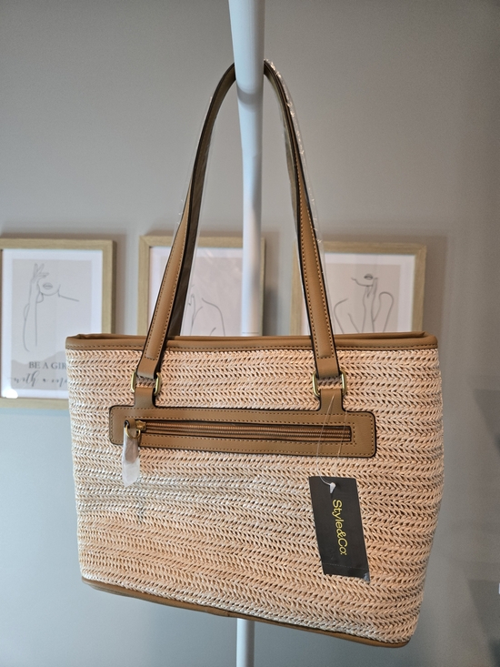 Style & Co. Handbags - Style & Co. Natural Straw Tote with Tan Trim and Zip Pocket